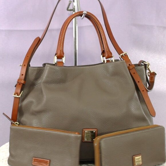 Dooney & Bourke Pebble Grain Satchel Tote Bag with Wallet & Wristlet Set – Taupe - Picture 1 of 16